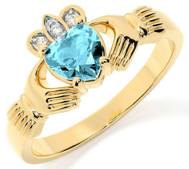 Diamond Aquamarine Gold Silver Claddagh Ring