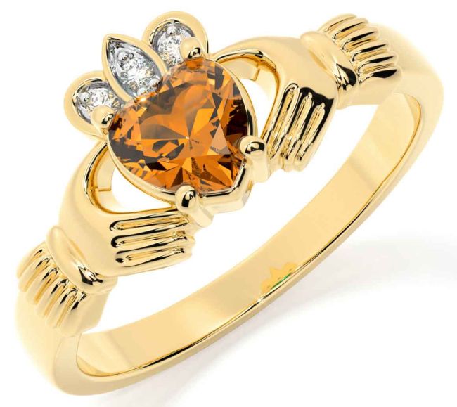 Diamond Citrine Gold Silver Claddagh Ring