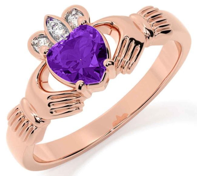 Diamond Amethyst Rose Gold Claddagh Ring