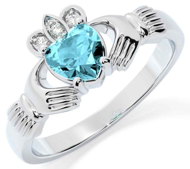 Diamond Aquamarine Silver Claddagh Ring