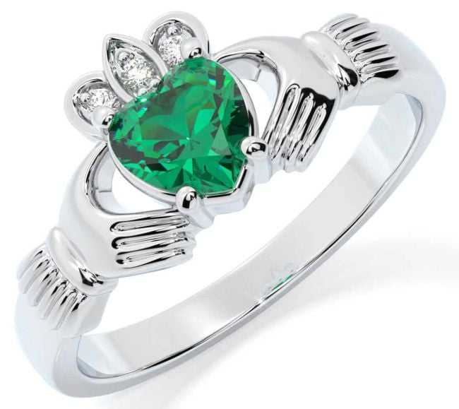 Diamond Emerald Silver Claddagh Ring