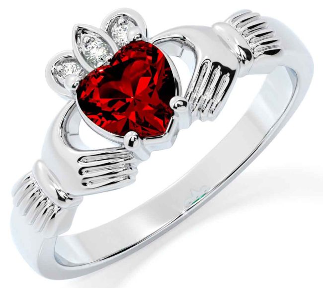 Diamond Garnet Silver Claddagh Ring