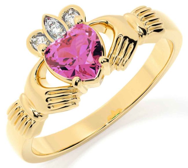 Diamond Pink Tourmaline Gold Claddagh Ring