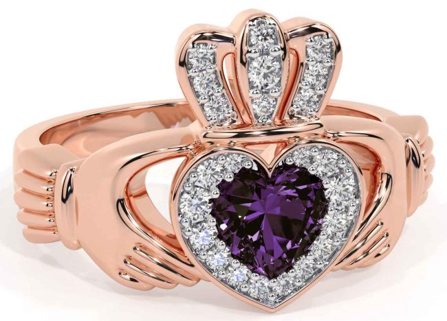 Diamond Alexandrite Rose Gold Silver Claddagh Ring