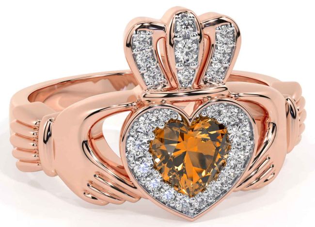 Diamond Citrine Rose Gold Silver Claddagh Ring