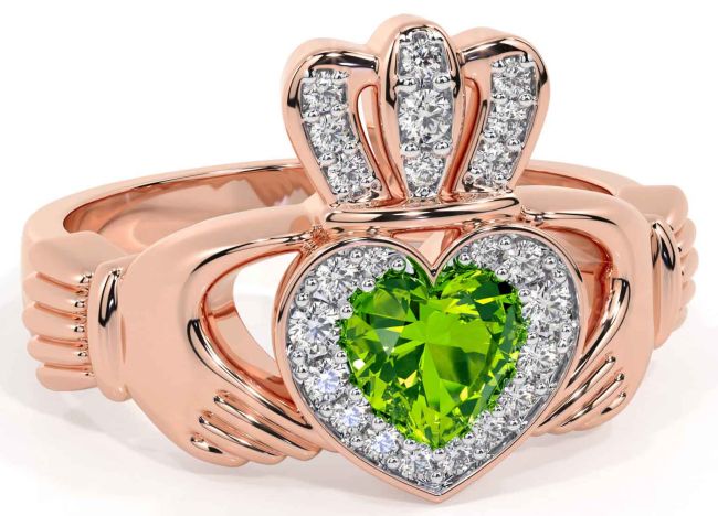 Diamond Peridot Rose Gold Silver Claddagh Ring