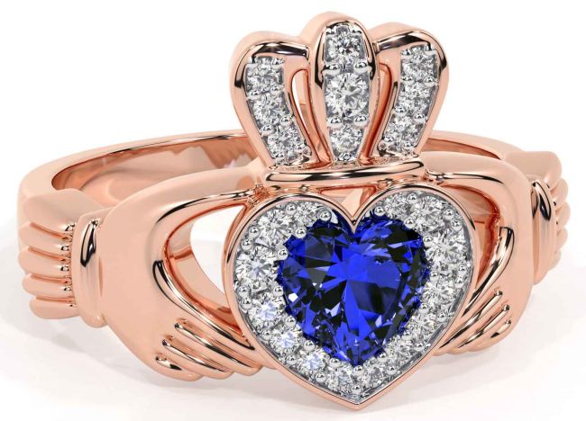 Diamond Sapphire Rose Gold Silver Claddagh Ring