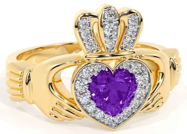 Diamond Amethyst Gold Silver Claddagh Ring