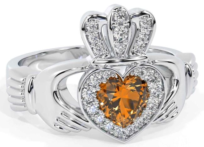 Diamond Citrine Silver Claddagh Ring