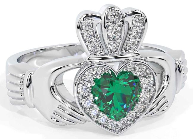 Diamond Emerald Silver Claddagh Ring