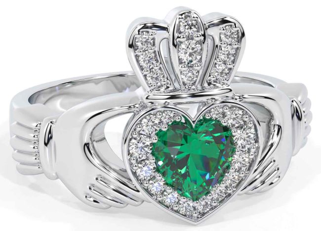 Diamond Emerald White Gold Claddagh Ring