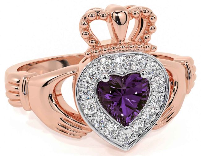 Diamond Alexandrite Rose Gold Silver Claddagh Ring