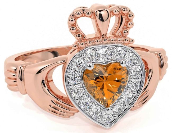 Diamond Citrine Rose Gold Silver Claddagh Ring