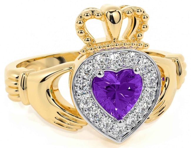 Diamond Amethyst Gold Silver Claddagh Ring