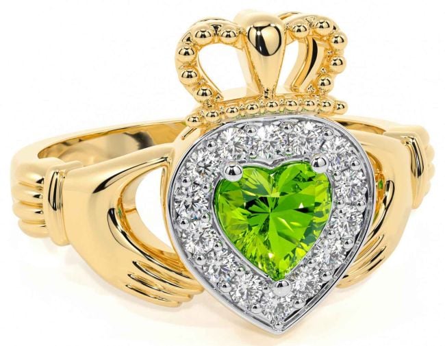 Diamond Peridot Gold Silver Claddagh Ring