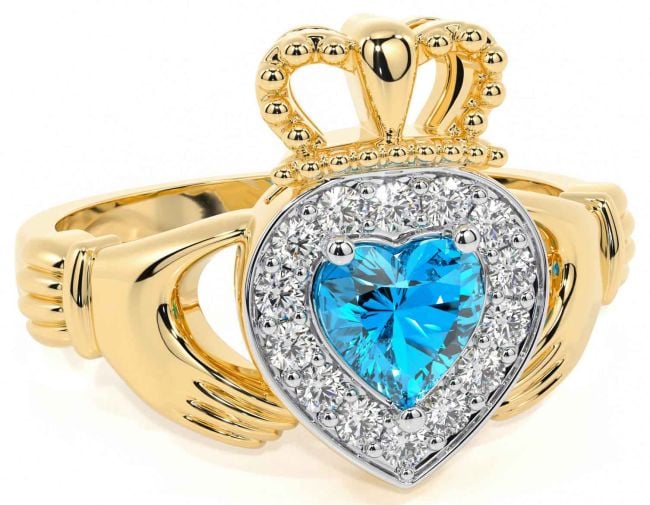 Diamond Topaz Gold Silver Claddagh Ring