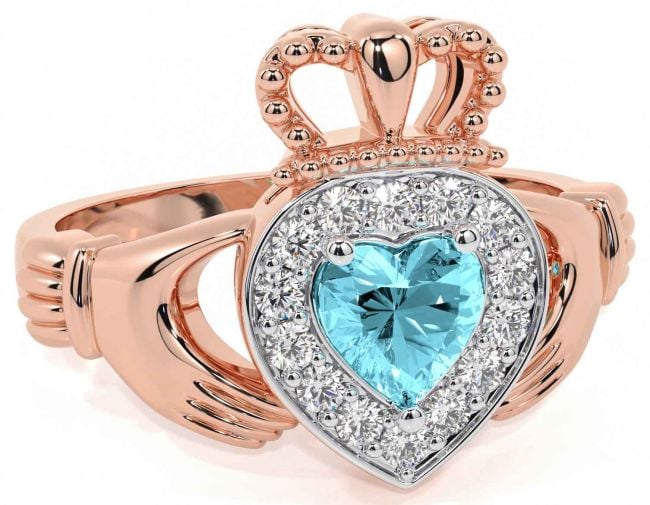 Diamond Aquamarine Rose Gold Claddagh Ring