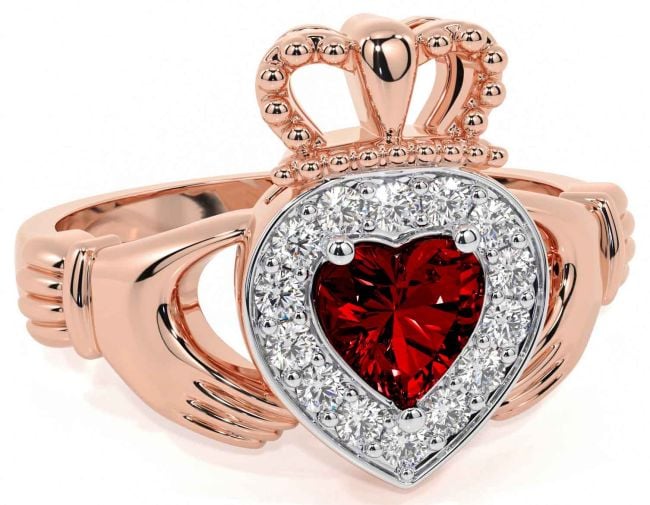 Diamond Garnet Rose Gold Claddagh Ring