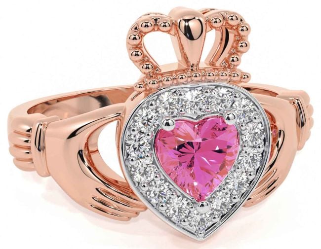 Diamond Pink Tourmaline Rose Gold Claddagh Ring