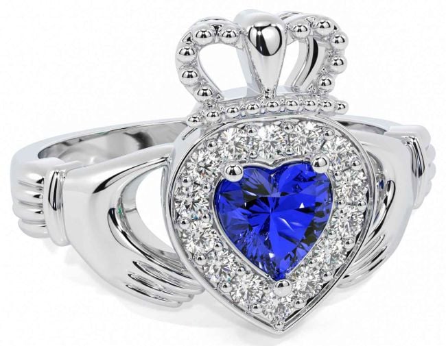 Diamond Sapphire Silver Claddagh Ring