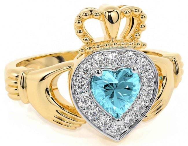 Diamond Aquamarine Gold Claddagh Ring