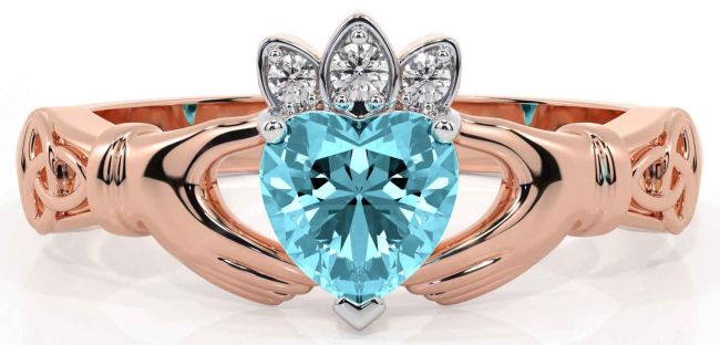 Diamond Aquamarine Rose Gold Silver Claddagh Ring