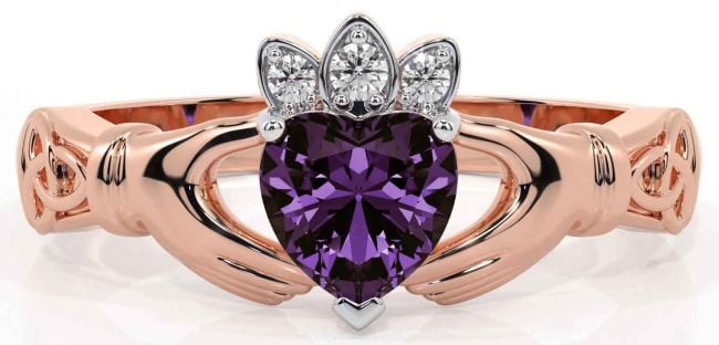 Diamond Alexandrite Rose Gold Silver Claddagh Ring