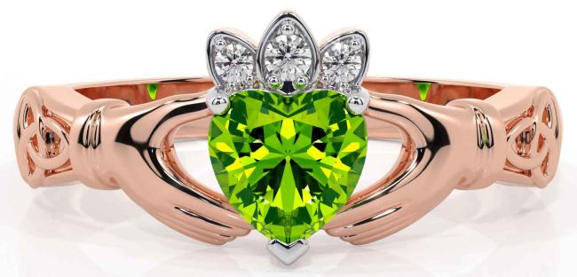 Diamond Peridot Rose Gold Silver Claddagh Ring