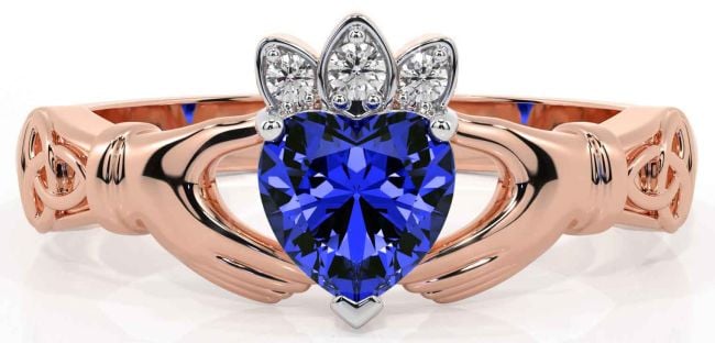 Diamond Sapphire Rose Gold Silver Claddagh Ring