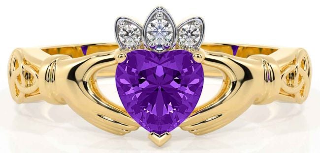 Diamond Amethyst Gold Silver Claddagh Ring
