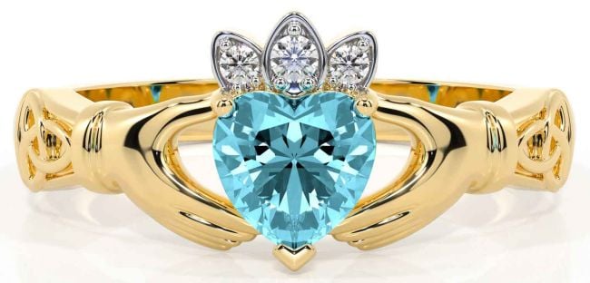 Diamond Aquamarine Gold Silver Claddagh Ring