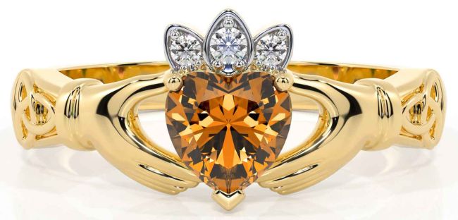 Diamond Citrine Gold Silver Claddagh Ring