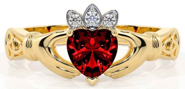 Diamond Garnet Gold Silver Claddagh Ring