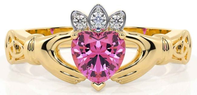 Diamond Pink Tourmaline Gold Silver Claddagh Ring