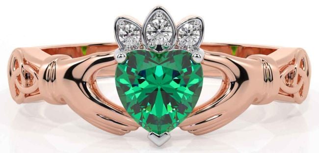 Diamond Emerald Rose Gold Claddagh Ring