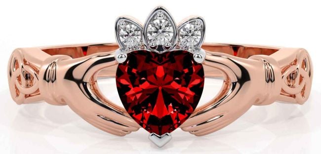 Diamond Garnet Rose Gold Claddagh Ring