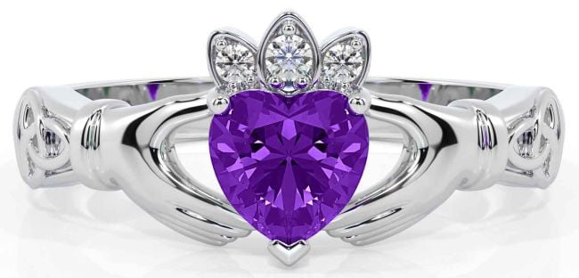 Diamond Amethyst Silver Claddagh Ring