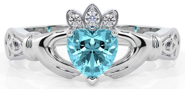 Diamond Aquamarine Silver Claddagh Ring