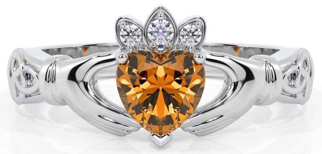 Diamond Citrine Silver Claddagh Ring