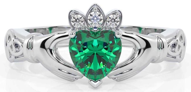 Diamond Emerald Silver Claddagh Ring