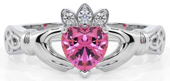 Diamond Pink Tourmaline Silver Claddagh Ring