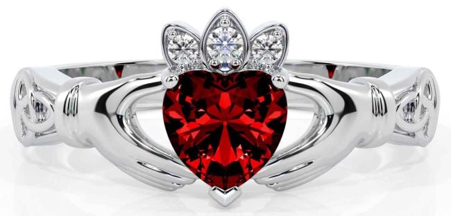 Diamond Garnet White Gold Claddagh Ring