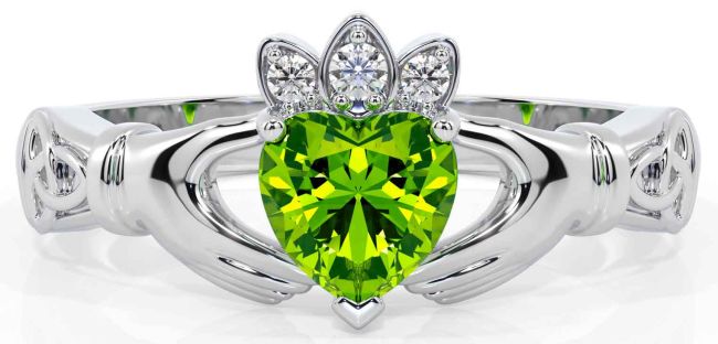 Diamond Peridot White Gold Claddagh Ring