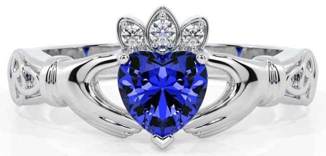 Diamond Sapphire White Gold Claddagh Ring