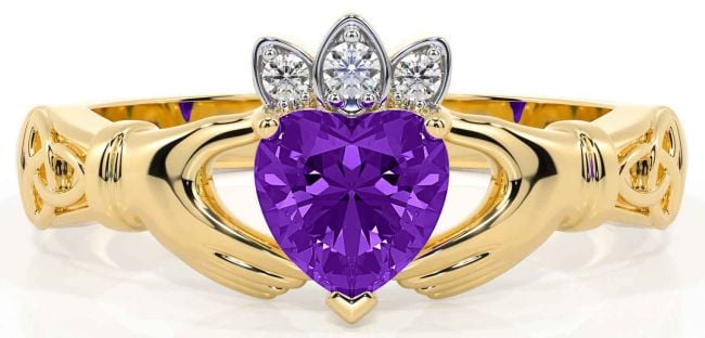 Diamond Amethyst Gold Claddagh Ring