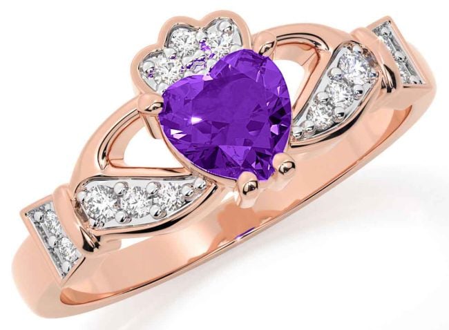 Diamond Amethyst Rose Gold Silver Claddagh Ring