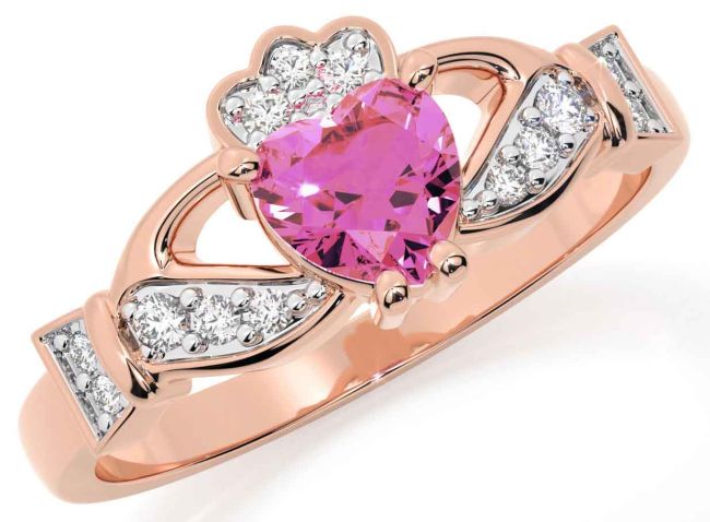 Diamond Pink Tourmaline Rose Gold Silver Claddagh Ring