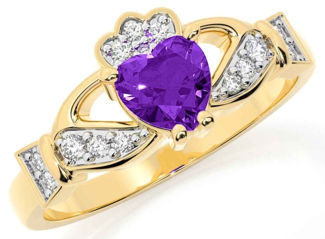 Diamond Amethyst Gold Silver Claddagh Ring