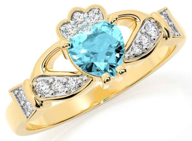 Diamond Aquamarine Gold Silver Claddagh Ring