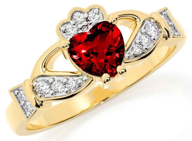 Diamond Garnet Gold Silver Claddagh Ring